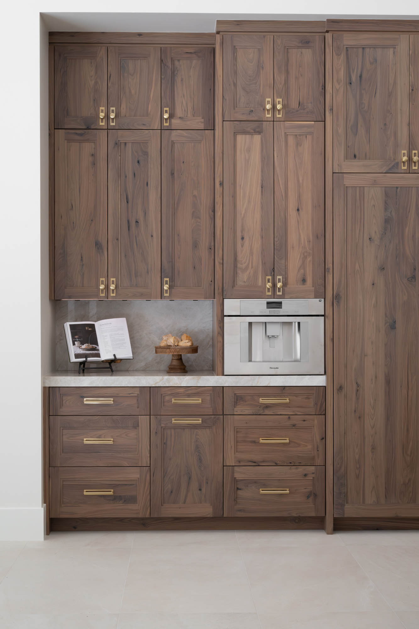 custom-new-build-southern-highlands_kingdomandco Full kitchen cabinetry wall with coffee station and marble accents