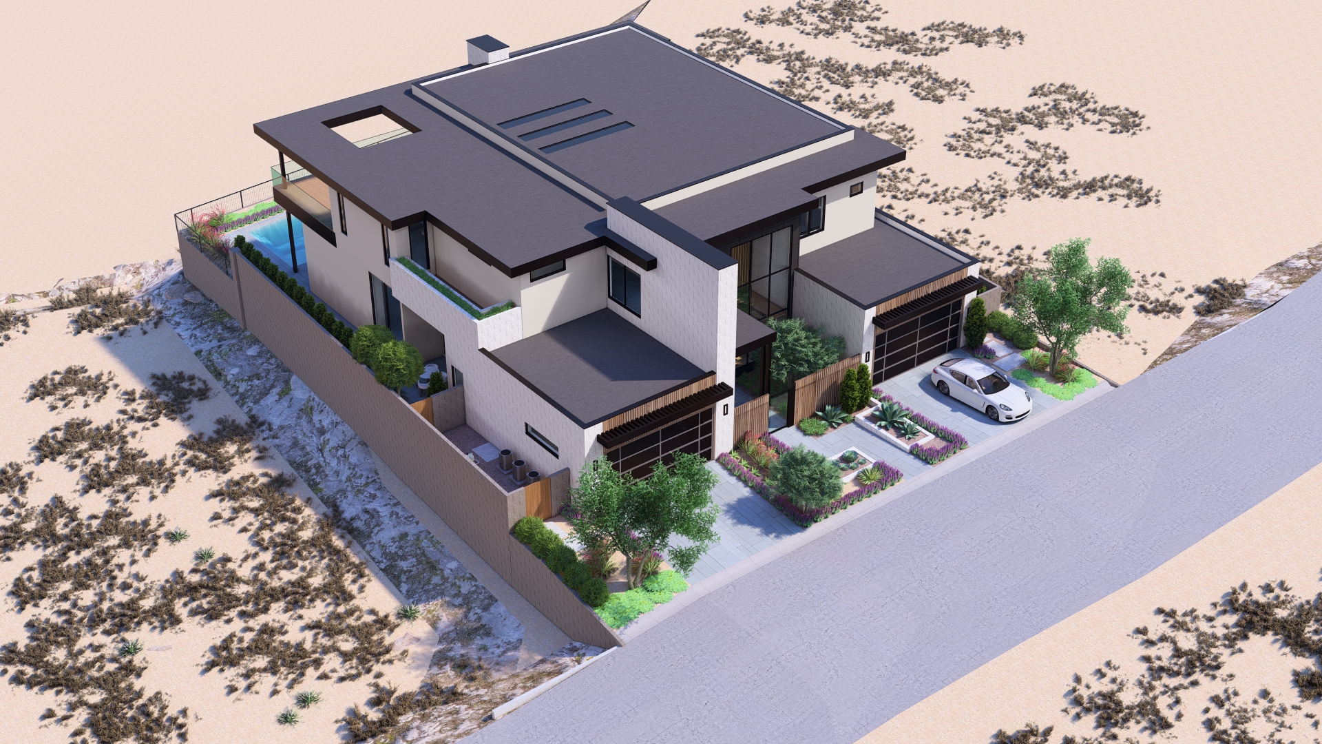 Aerial rendering of a modern luxury home in Ascaya by Kingdom & Co., featuring a biophilic landscape, rooftop details, pool terrace, and desert surroundings.