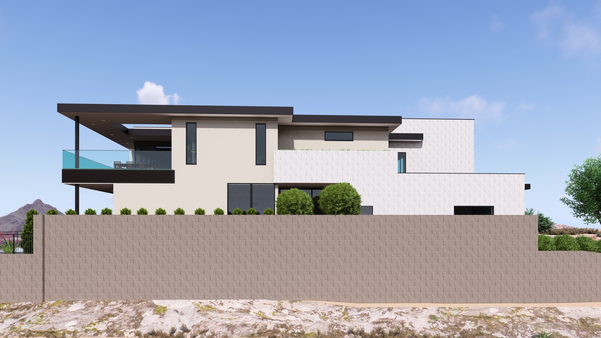 Side elevation of a modern luxury home in Ascaya with minimalist architecture, tall windows, and desert mountain surroundings.