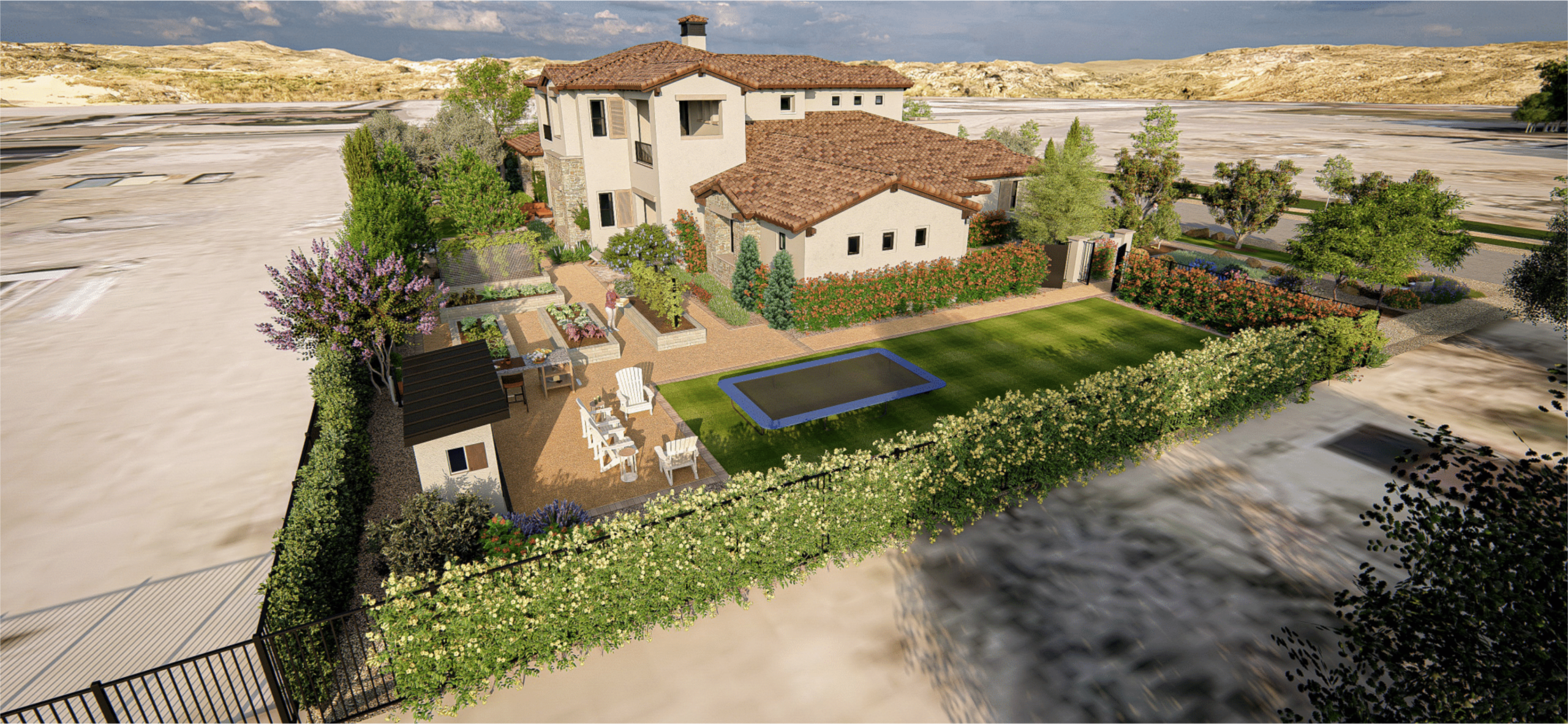 Heritage Estate rendering — elevated front landscape view of the Centennial Hills Las Vegas custom home with deeply pitched clay tile roofs, cream stucco, a resort-style pool, and mature desert landscaping by Kingdom & Co.
