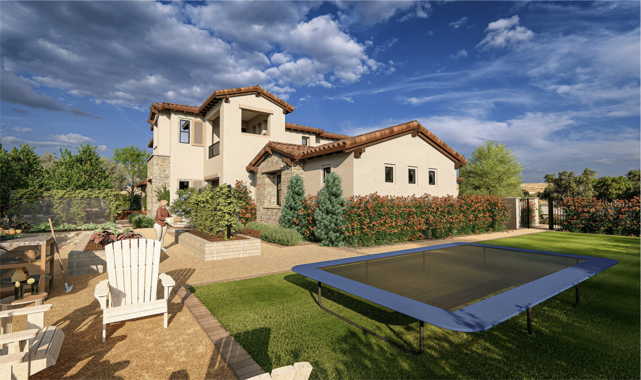 Heritage Estate rendering — rear elevation of the Centennial Hills custom home with covered courtyard, Adirondack chairs by the fire pit, rectangular pool with blue decking, Tuscan tile roof, and cream stucco exterior by Kingdom & Co.