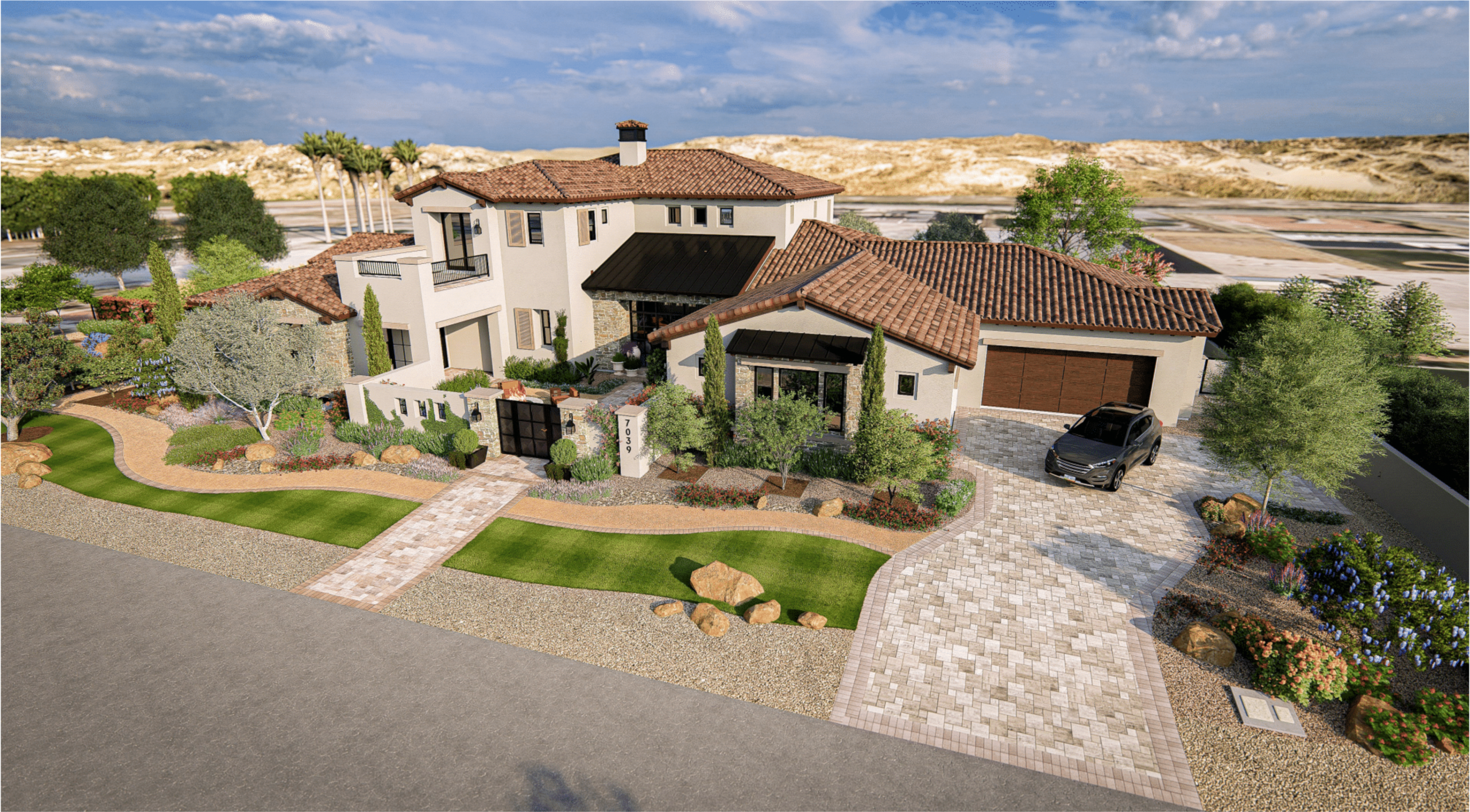 Heritage Estate rendering — front elevation of the Tuscan-inspired custom home in Centennial Hills Las Vegas with cream stucco, terracotta barrel tile roof, stone accents, and dark metal windows by Kingdom & Co.