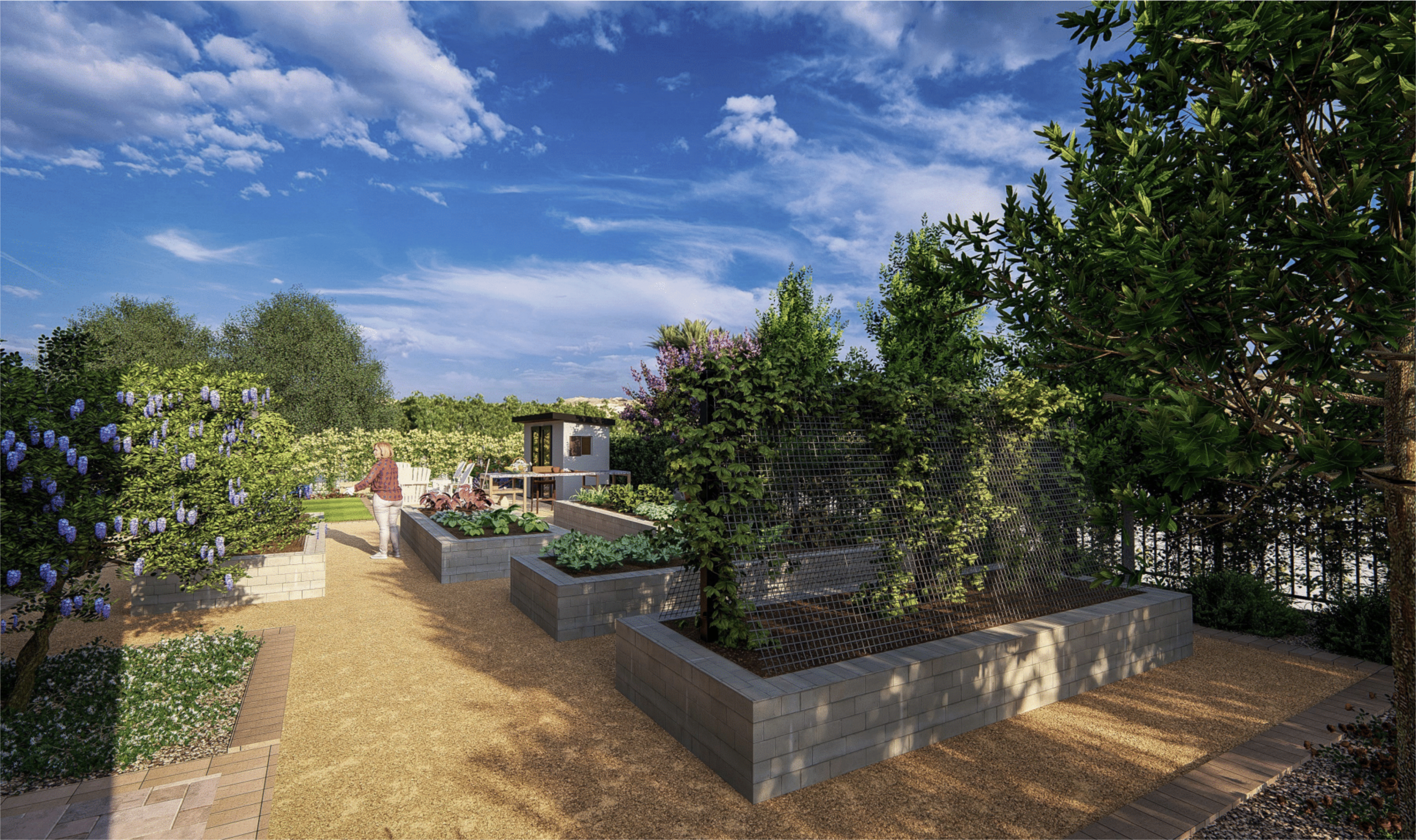 Heritage Estate rendering — rooftop garden of the Centennial Hills custom home with raised herb and vegetable planter beds, trellis fencing, hydrangeas, and mature olive trees by Kingdom & Co.