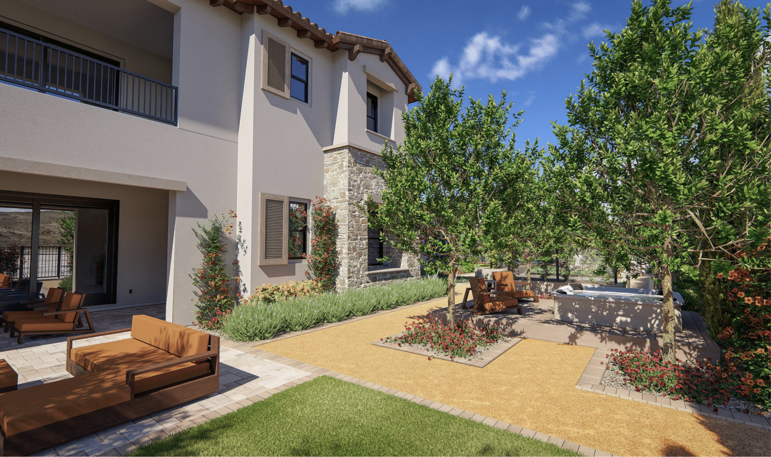 Heritage Estate rendering — aerial bird's-eye view of the L-shaped Tuscan custom home in Centennial Hills Las Vegas with terracotta tile roof, central courtyard, swimming pool, and driveway entry by Kingdom & Co.