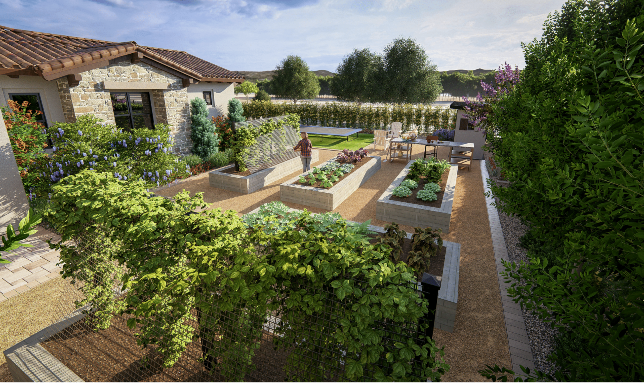 Heritage Estate rendering — rear patio of the Centennial Hills Las Vegas custom home with copper-toned modular seating, mature olive trees, stucco columns, and modern linear roof overhangs by Kingdom & Co.
