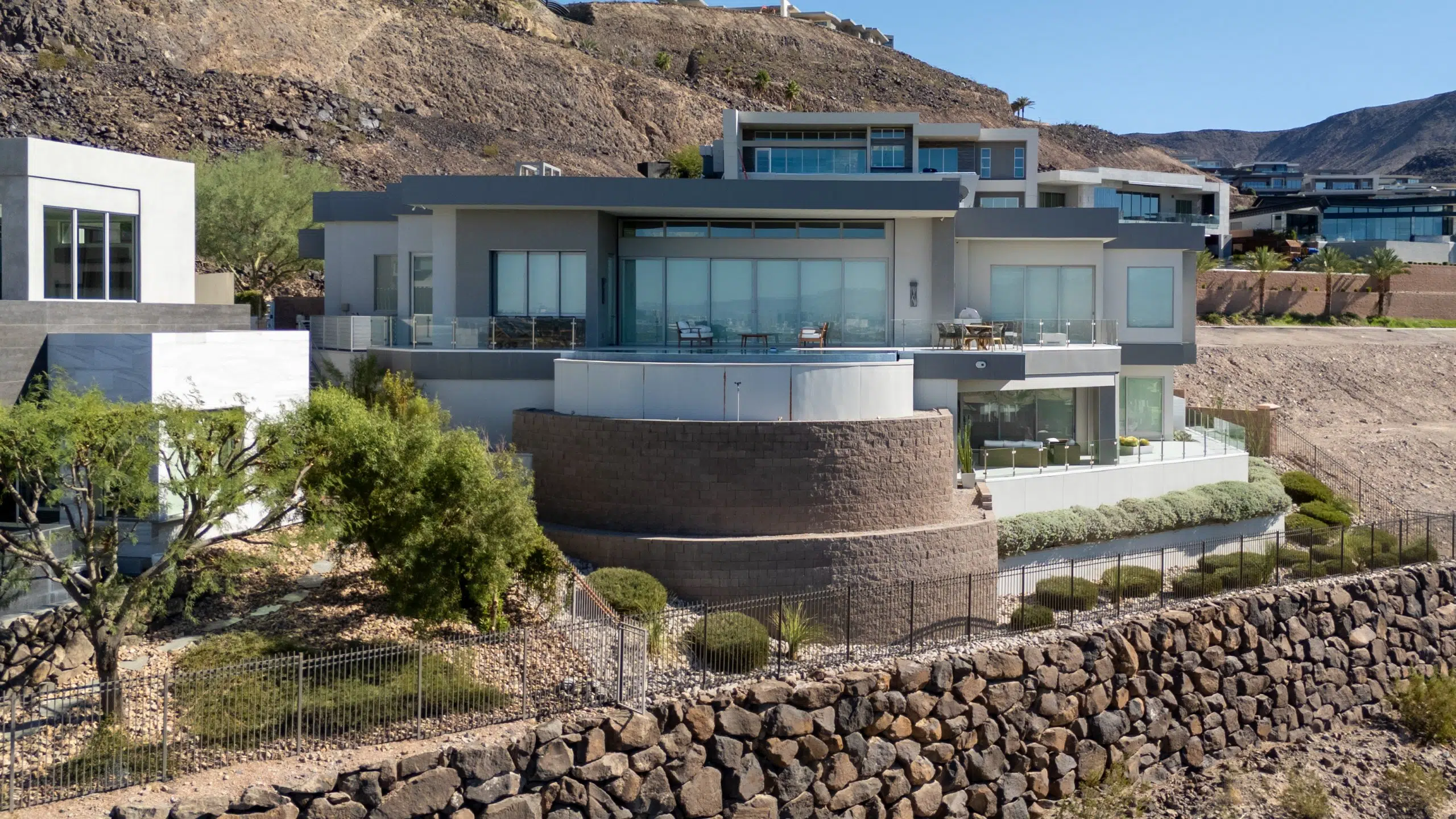 Aerial view of the Nova Estate building in MacDonald Highlands Henderson showing desert contemporary architecture.