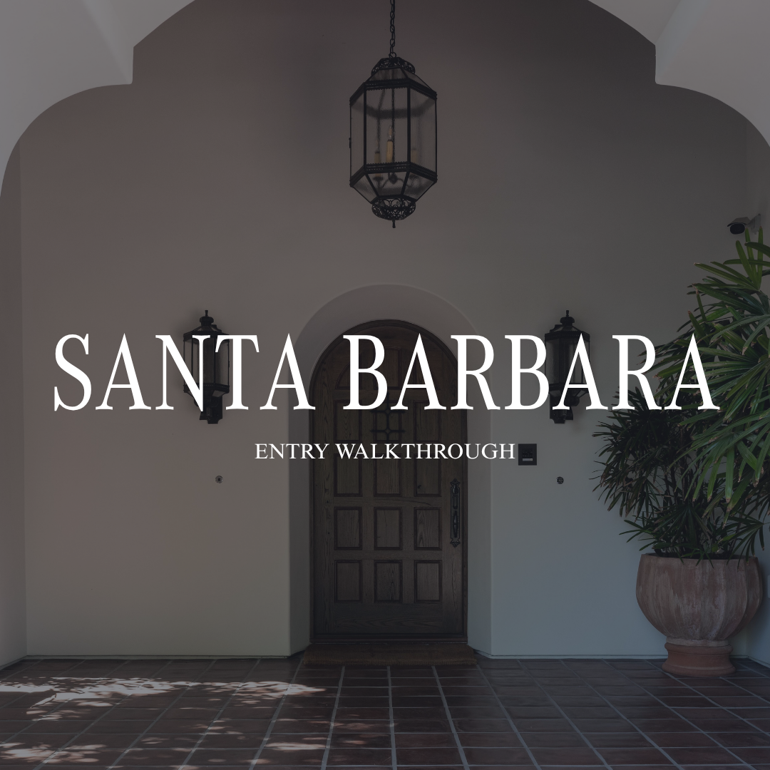 Inside Kingdom and Co. podcast Santa Barbara Estate entryway walkthrough featuring Spanish-style architecture and exposed beam ceiling