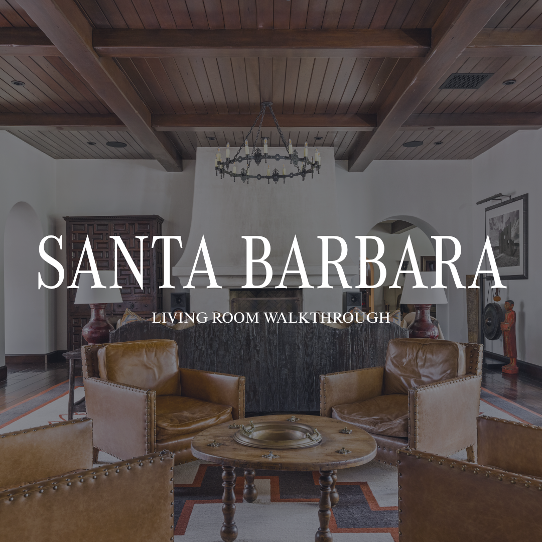 Inside Kingdom and Co. podcast Santa Barbara Estate living room walkthrough with leather seating and wood beam ceiling
