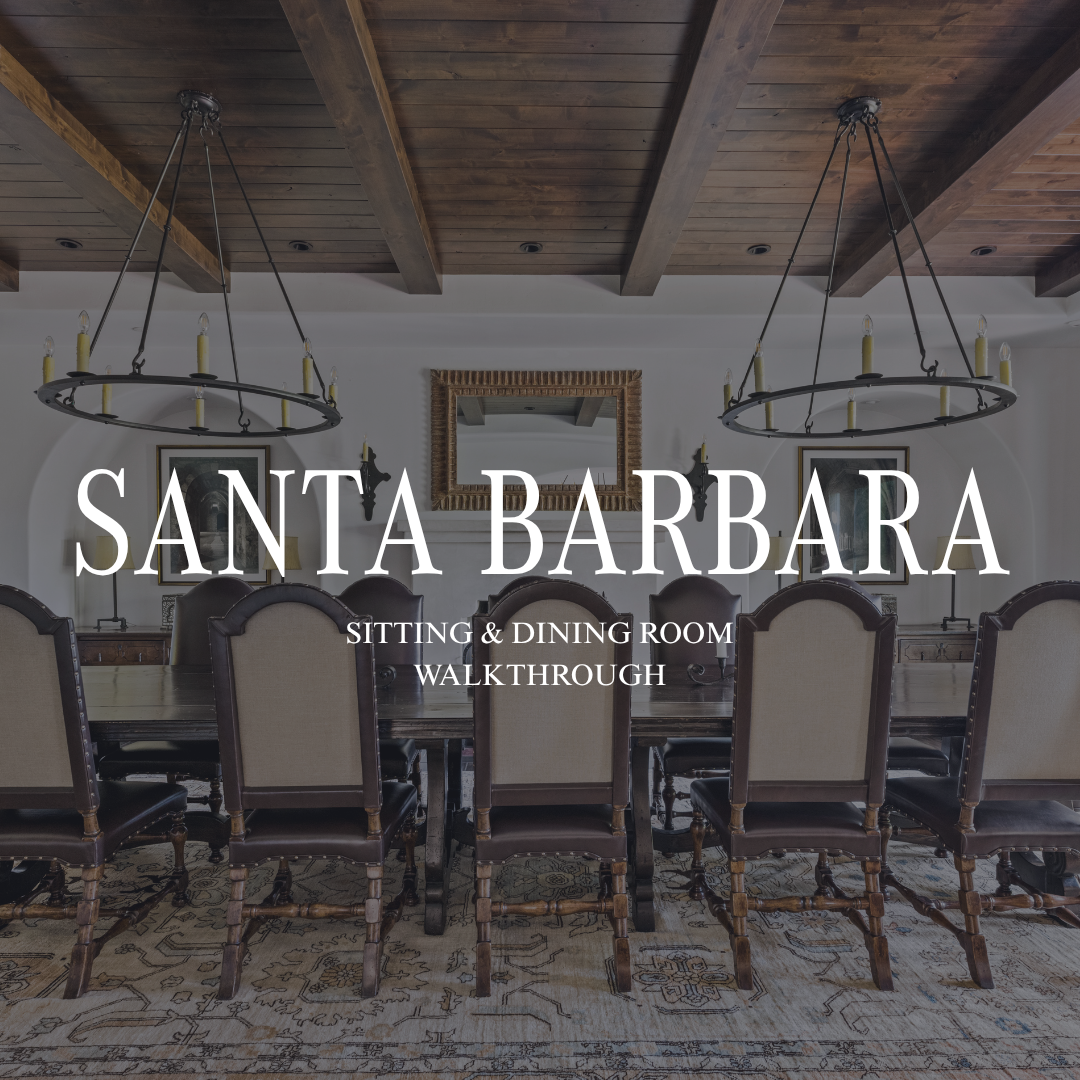 Inside Kingdom and Co. podcast Santa Barbara Estate sitting and dining room walkthrough with wood beam ceiling and iron chandeliers