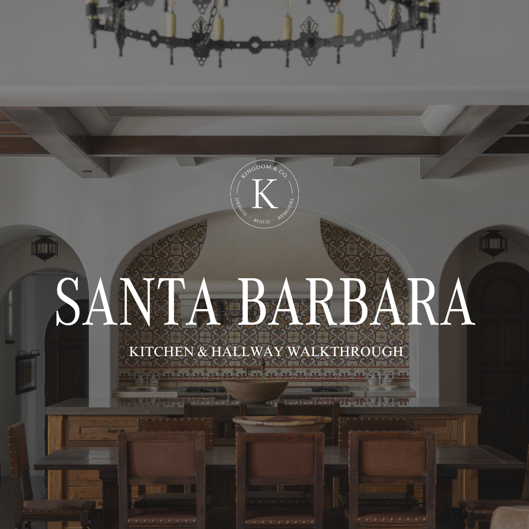Santa Barbara estate kitchen with knotty hickory cabinets, copper sink, and hand-painted tile backsplash