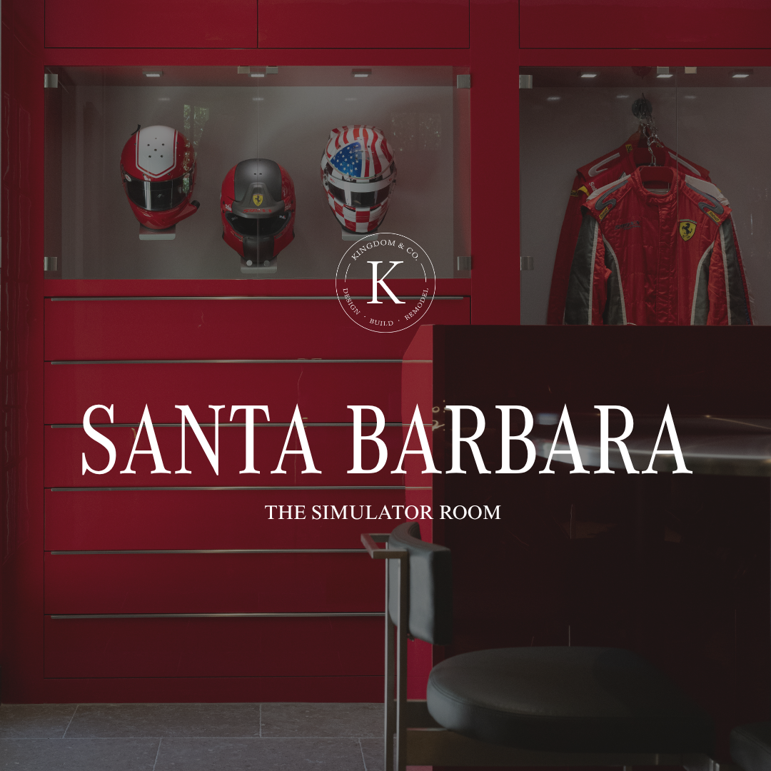 Custom home simulator room with Ferrari racing simulator inside the Santa Barbara estate