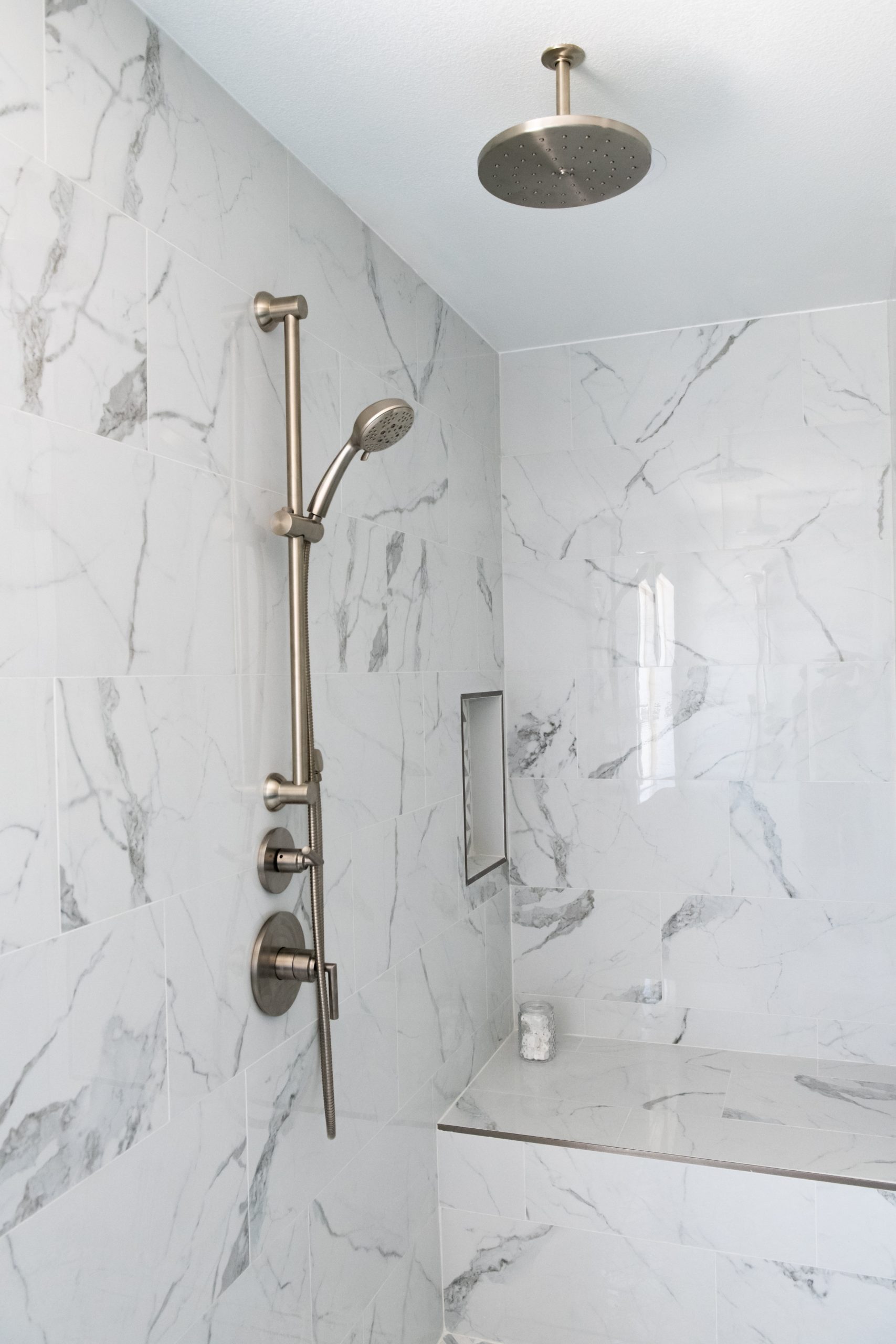 La Ferme bathroom remodel after, Centennial Hills, tiled bathroom