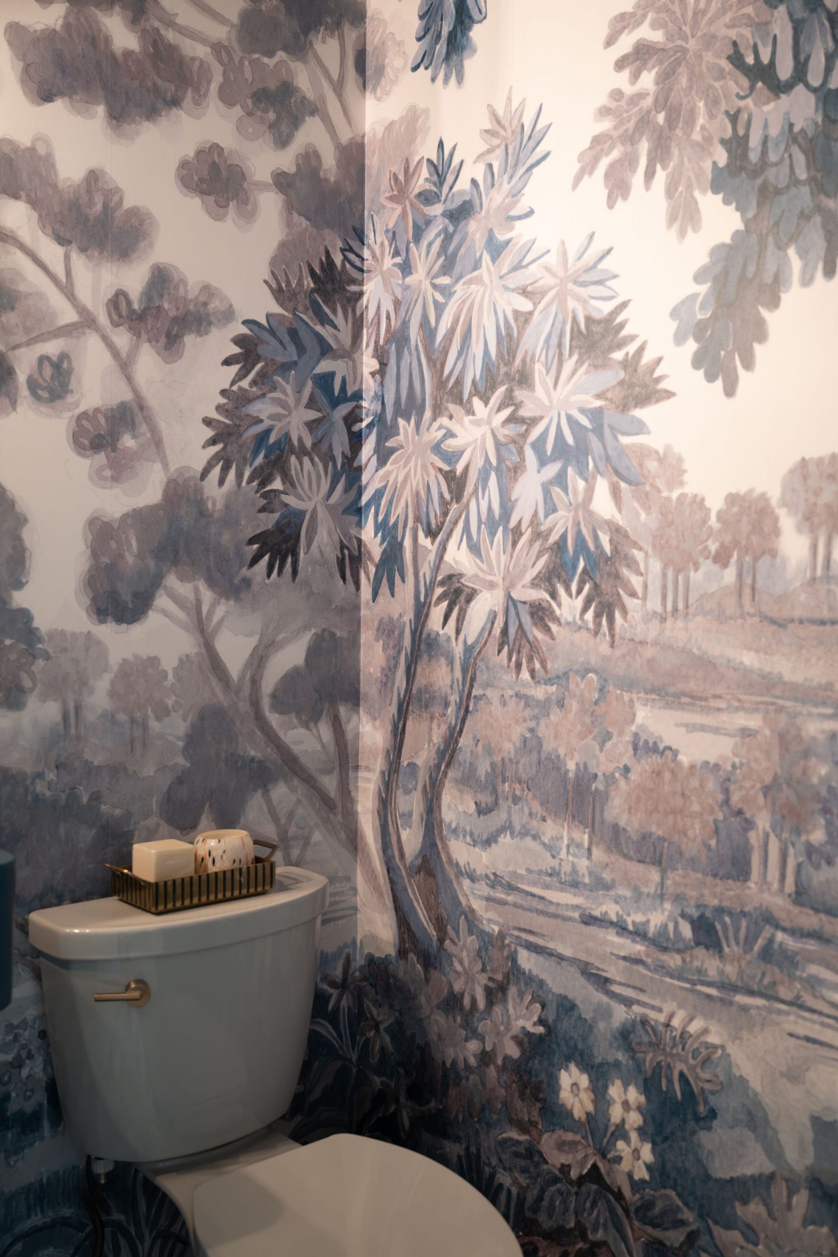 The Astoria_SummerlinRemodel Watercolor landscape mural wallpaper in Summerlin powder room by Kingdom & Co.
