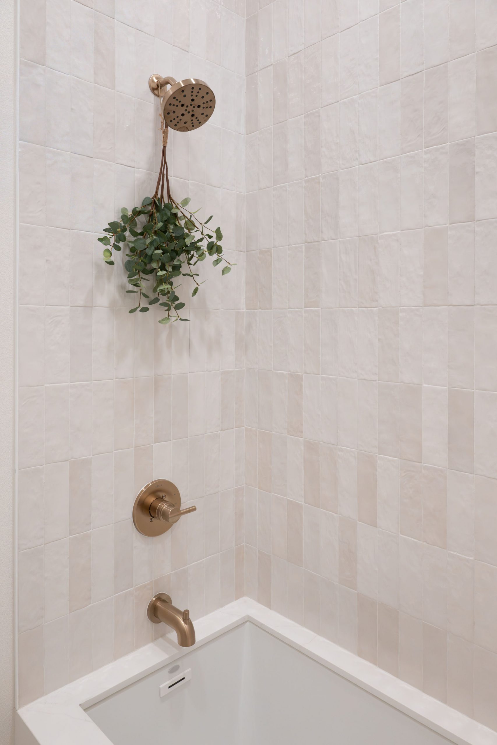 Guest bath tub and shower combination with white zellige tile and brass fixtures, Kingdom & Co. Summerlin.