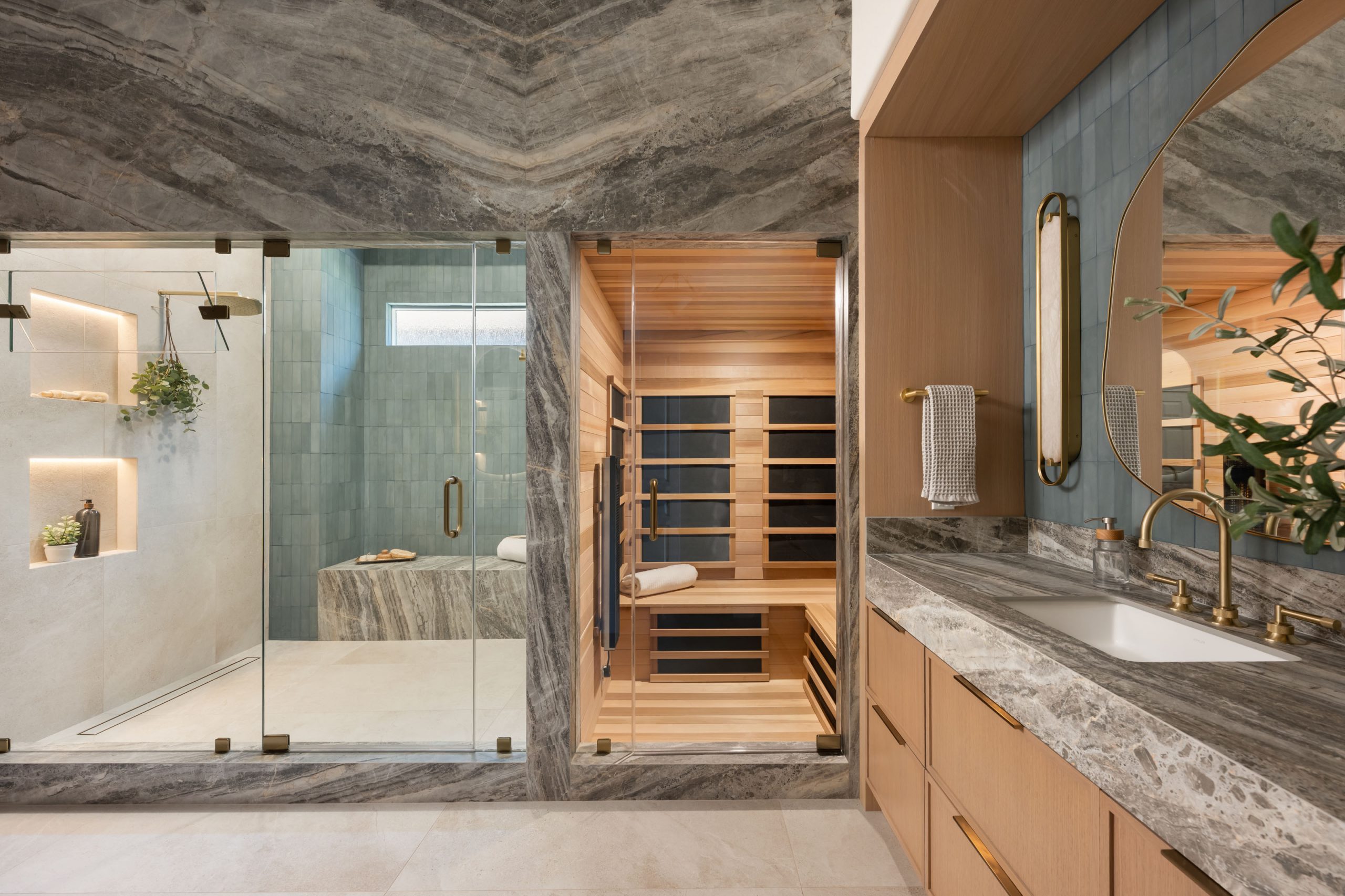 The Astoria_SummerlinRemodel Primary spa suite with steam shower, cedar sauna, and dual vanity in Summerlin by Kingdom & Co.