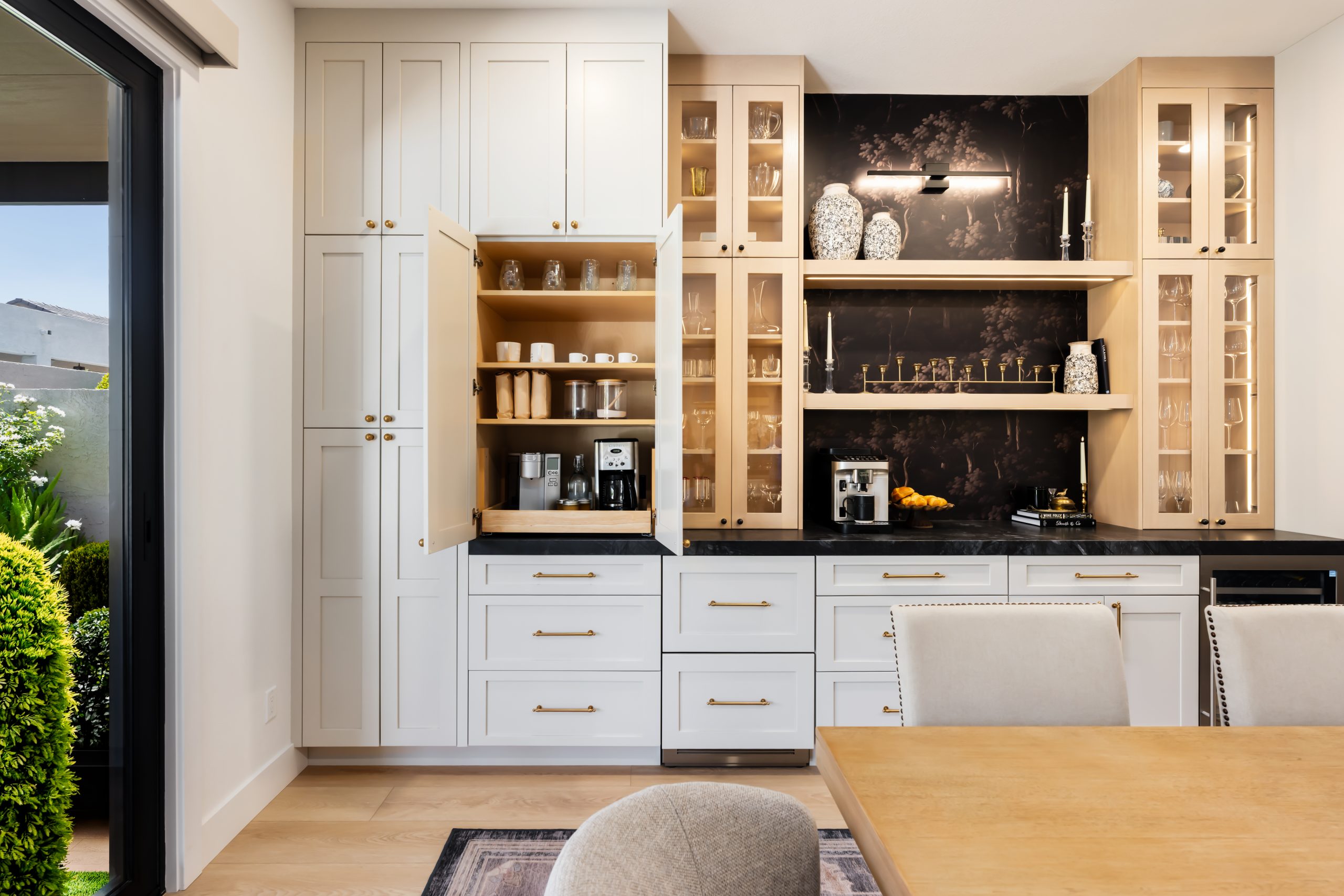 Butler's pantry with appliance garage open beside dry bar, Kingdom & Co. remodel in The Lakes.