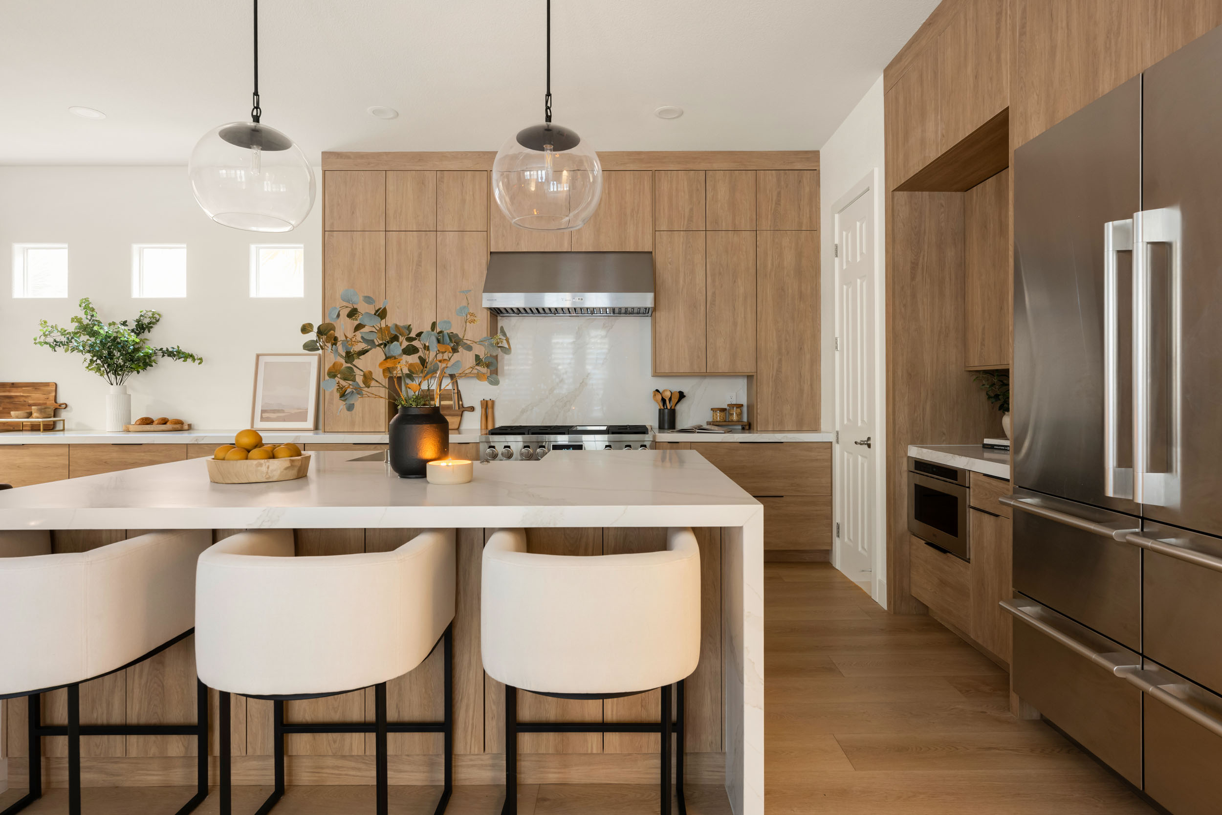 Modern kitchen with wood accents.