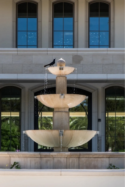 A home with a fountain in front.